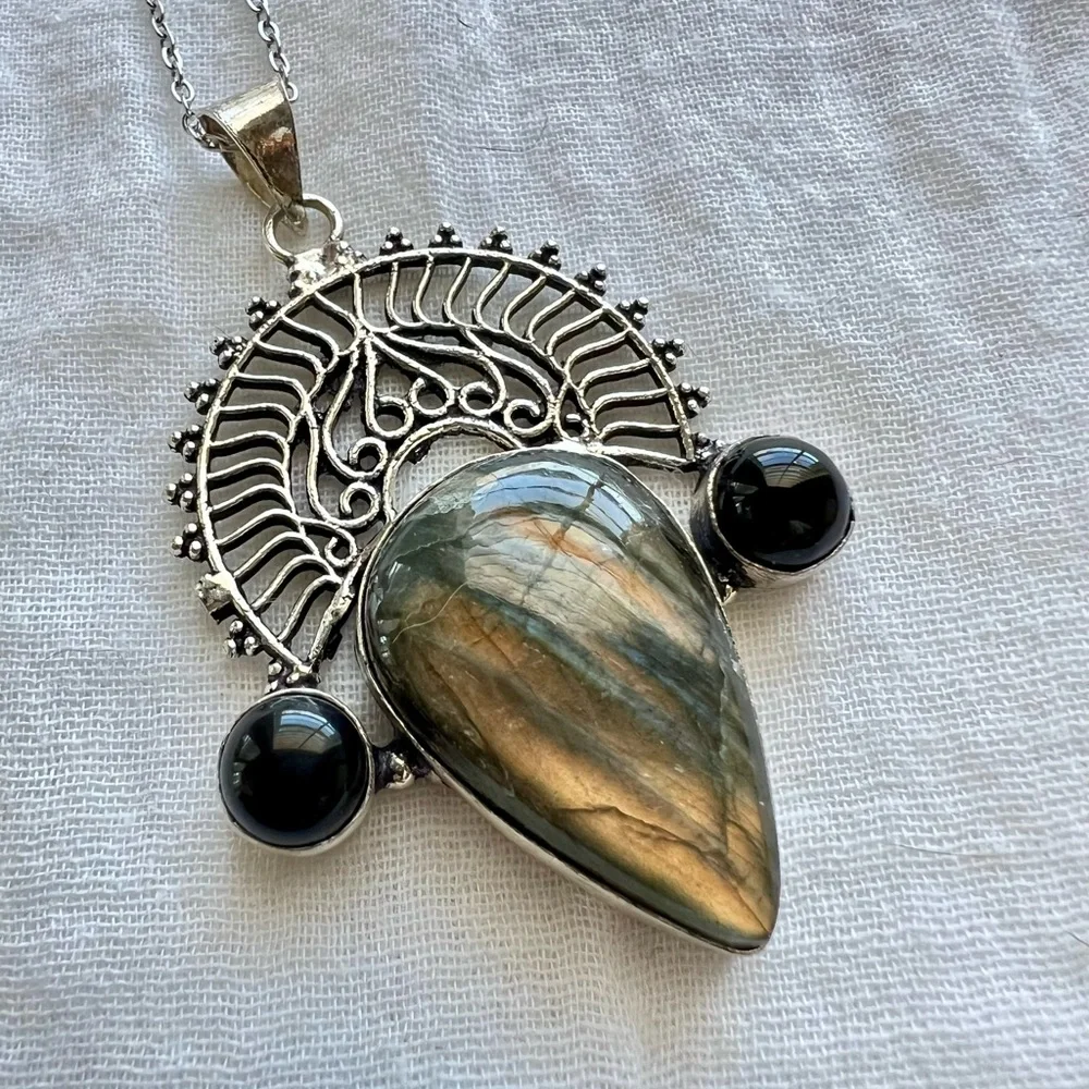 925 SUNSET FLASH Labradorite + Onyx Necklace Pendant - Picture 4 of 6